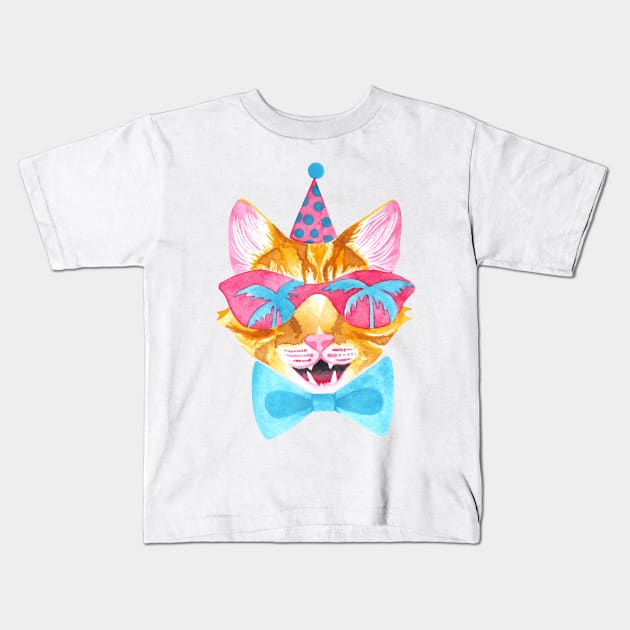 Miami Cat in Sunglasses with Palm Tree Reflections, Bowtie and a Party Hat Kids T-Shirt by Katie Thomas Creative